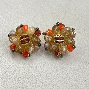 Vintage 1950s Beaded Cluster Earrings Champagne Orange Starburst Clip On Germany